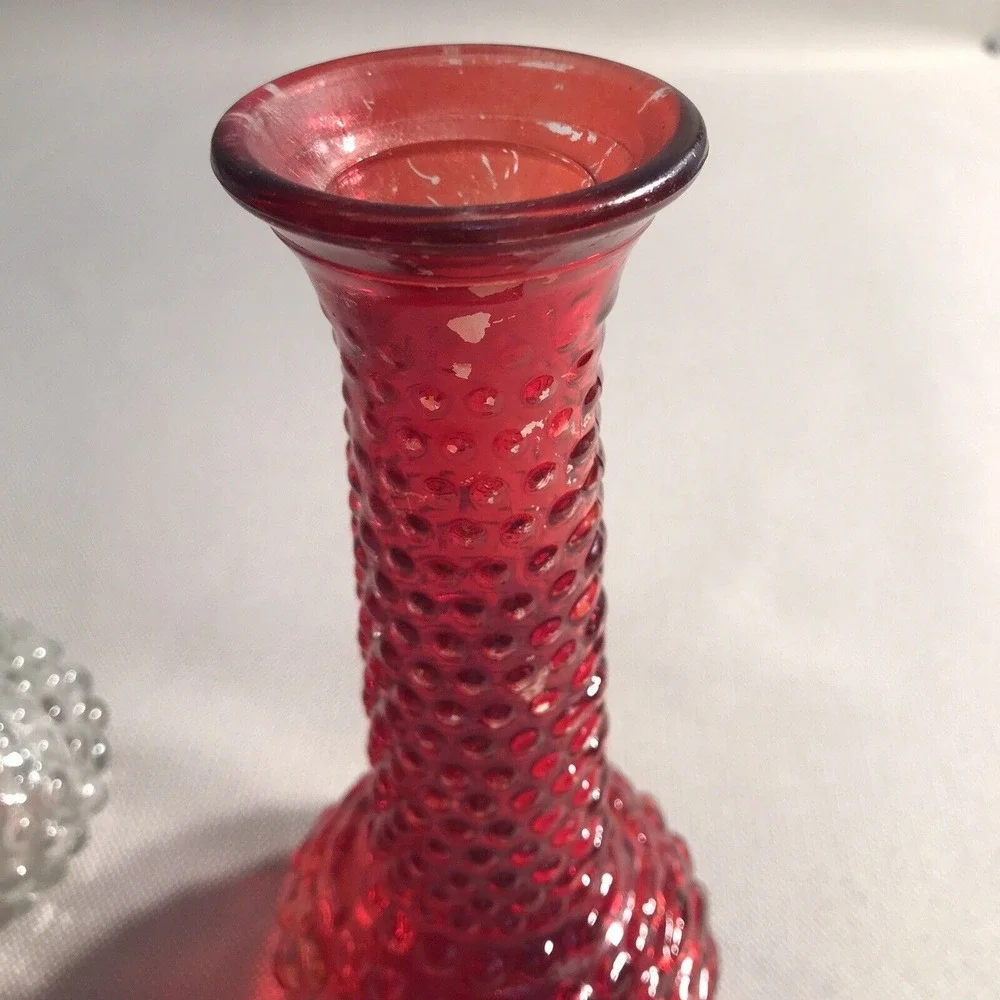 E O Brody Clear Red Hobnail Glass Bud Vase 7.75
